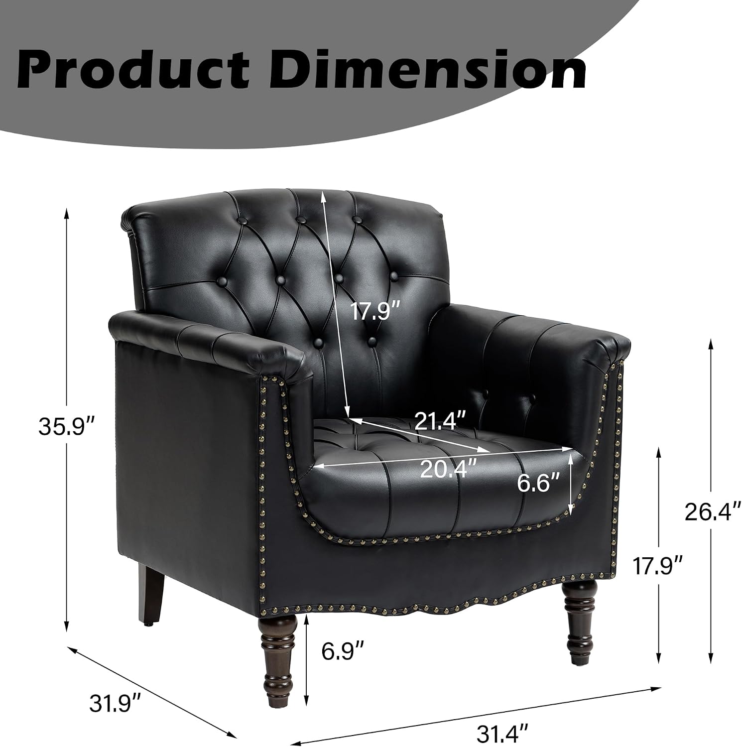 Lumibee Faux Leather Armchairs, Contemporary Accent Chairs Set of 2 with Nailhead Trims & Wood Legs for Living Room, Upholstered Comfy Arm Chairs for Office,Bedroom-Black