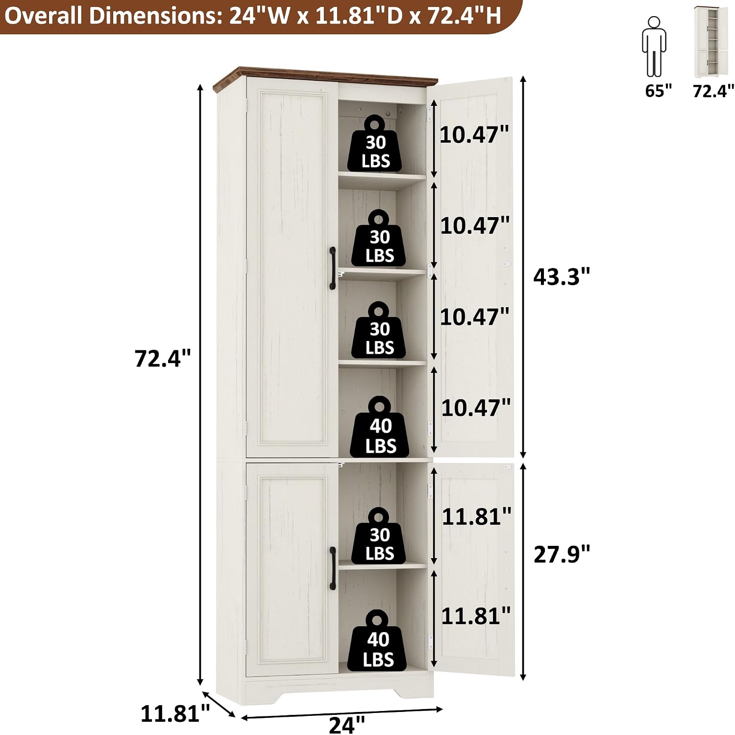 Function Home Farmhouse Kitchen Pantry Cabinet, 72' Tall Storage Cabinet with Doors and Adjustable Shelves, 6 Tier Freestanding Cupboard for Dining Room Living Room Bathroom, Antique White & Brown Top