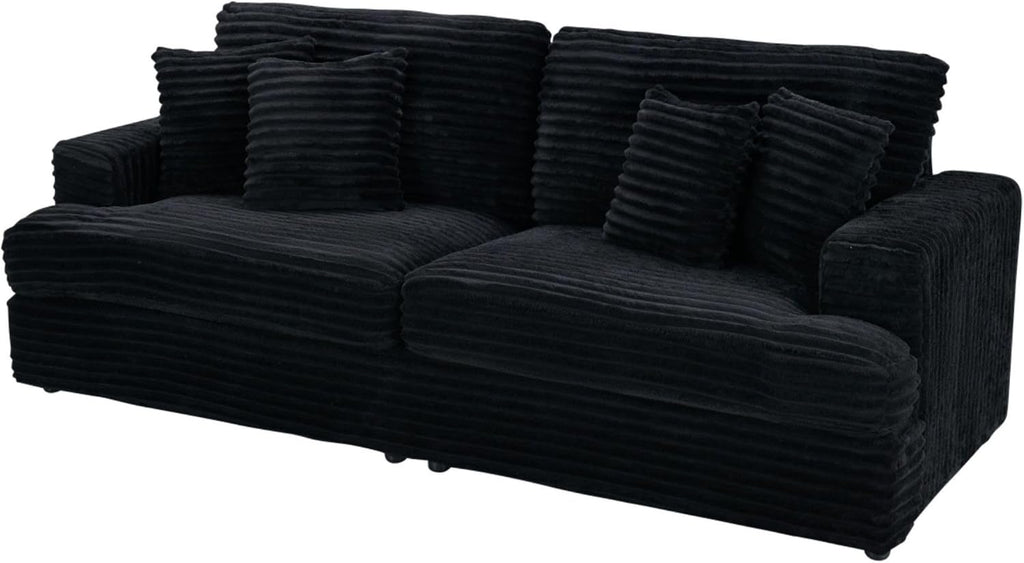KEIKI 88.58 inch Sofa, Corduroy 3 Seater Couch Sofa with 4 Pillows, Corduroy Sleeper Couch for Living Room, Apartment, Salon, Home Theater, Black