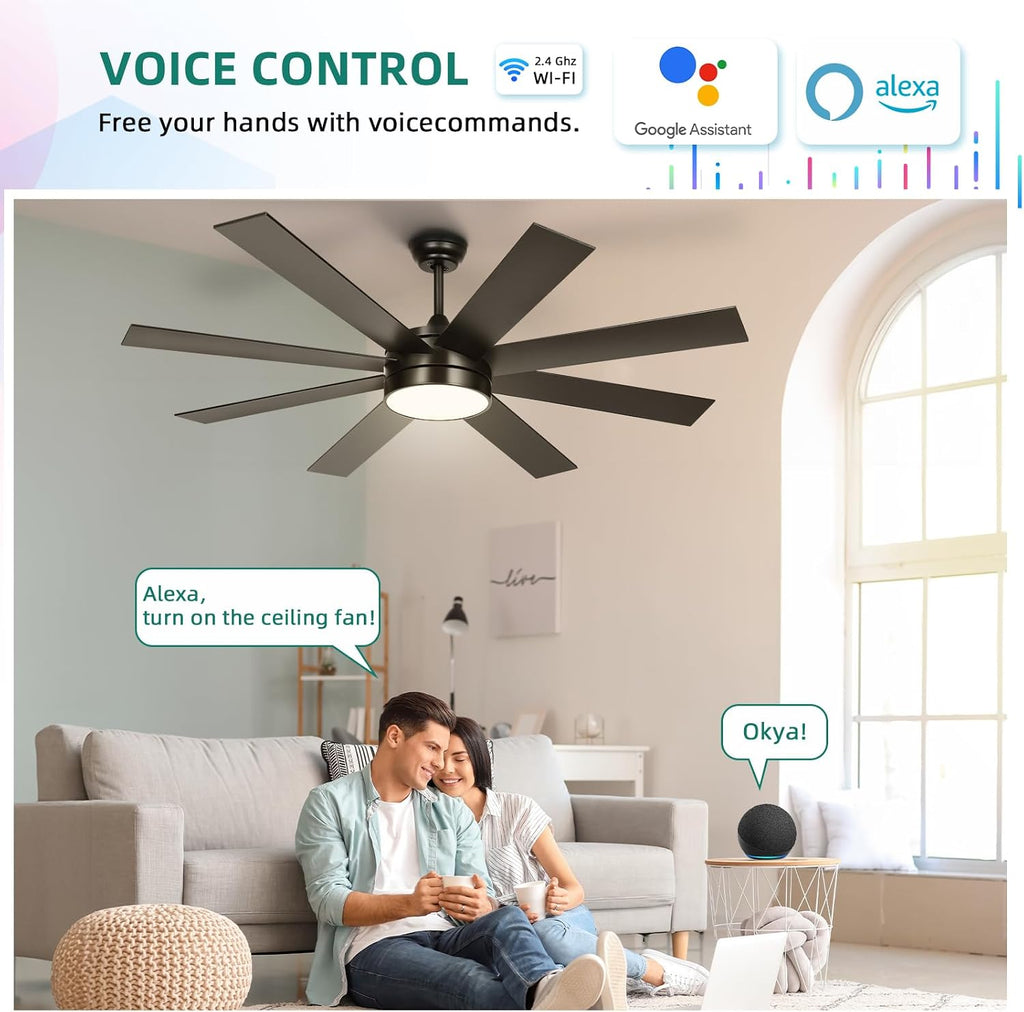 YITAHOME 60 Inch Black Ceiling Fan with Lights and Remote,8 Blades,App Control, Modern Smart Ceiling Fan Compatible with Alexa for Indoor, Reversible Quiet Motor, Memory Function