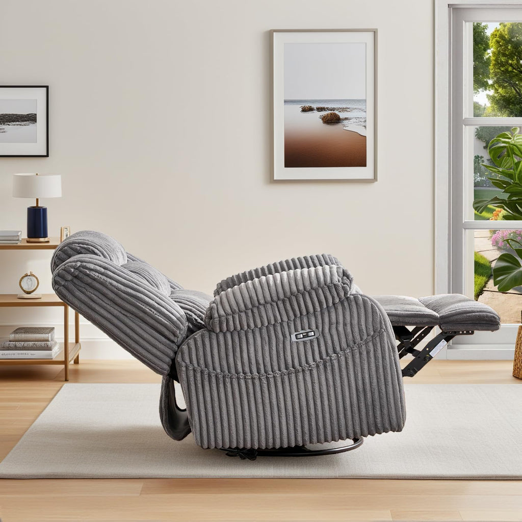ERYE Oversized Glider Rocker Chair 270° Swivel & Power Reclining Chair W/Vibration Heat and USB-C Ports,Power Recliner Armchair Corduroy Upholstered Nursery Armchair