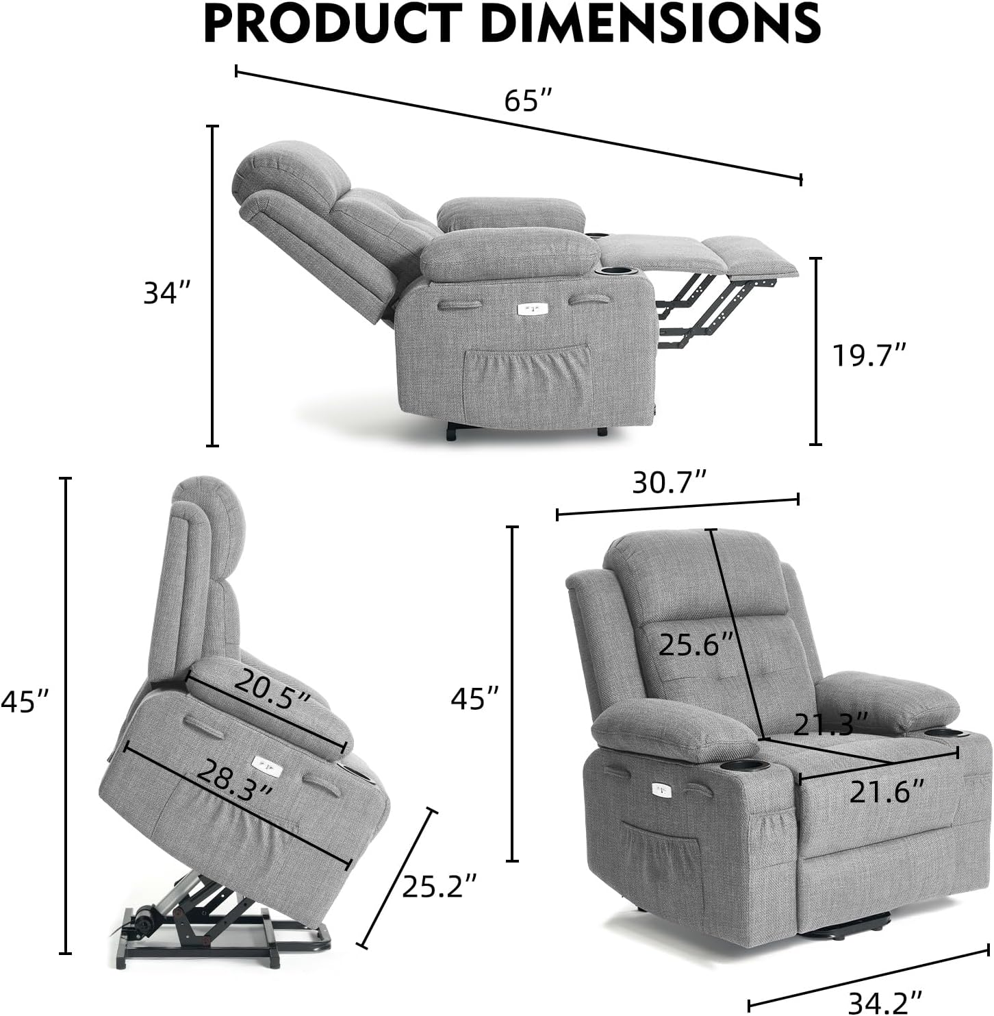Polar Aurora Power Lift Chair for Elderly,Electric Recliner Chair with Heating and Vibrating Massage,Living Room Chair with Adjustable Back,Thickened armrest,USB Ports,2 Cup Holders,Gray