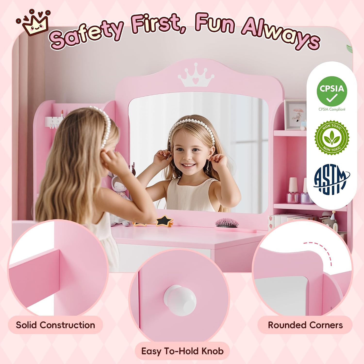 Kids Vanity, Girl Vanity Set with Storage Cabinet & Open Shelf, 2 In 1 Kids Vanity Table and Chair Set with Jewelry Storage, Princess Toddler Makeup Vanity with Mirror for Little Girls (Pink)