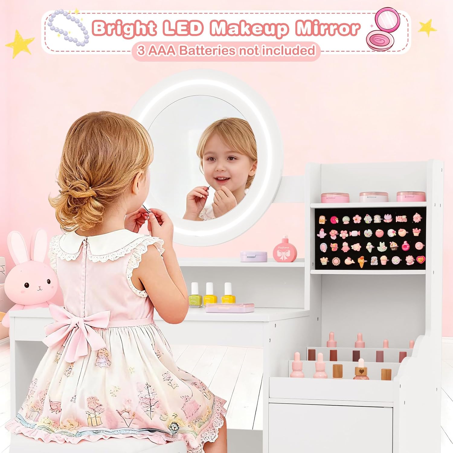 INFANS Kids Vanity with Lights, Princess Makeup Desk with Mirror Storage Shelves, Toddler Table and Chair Set Pretend Play for Girls Aged 4-9 (Cream White)