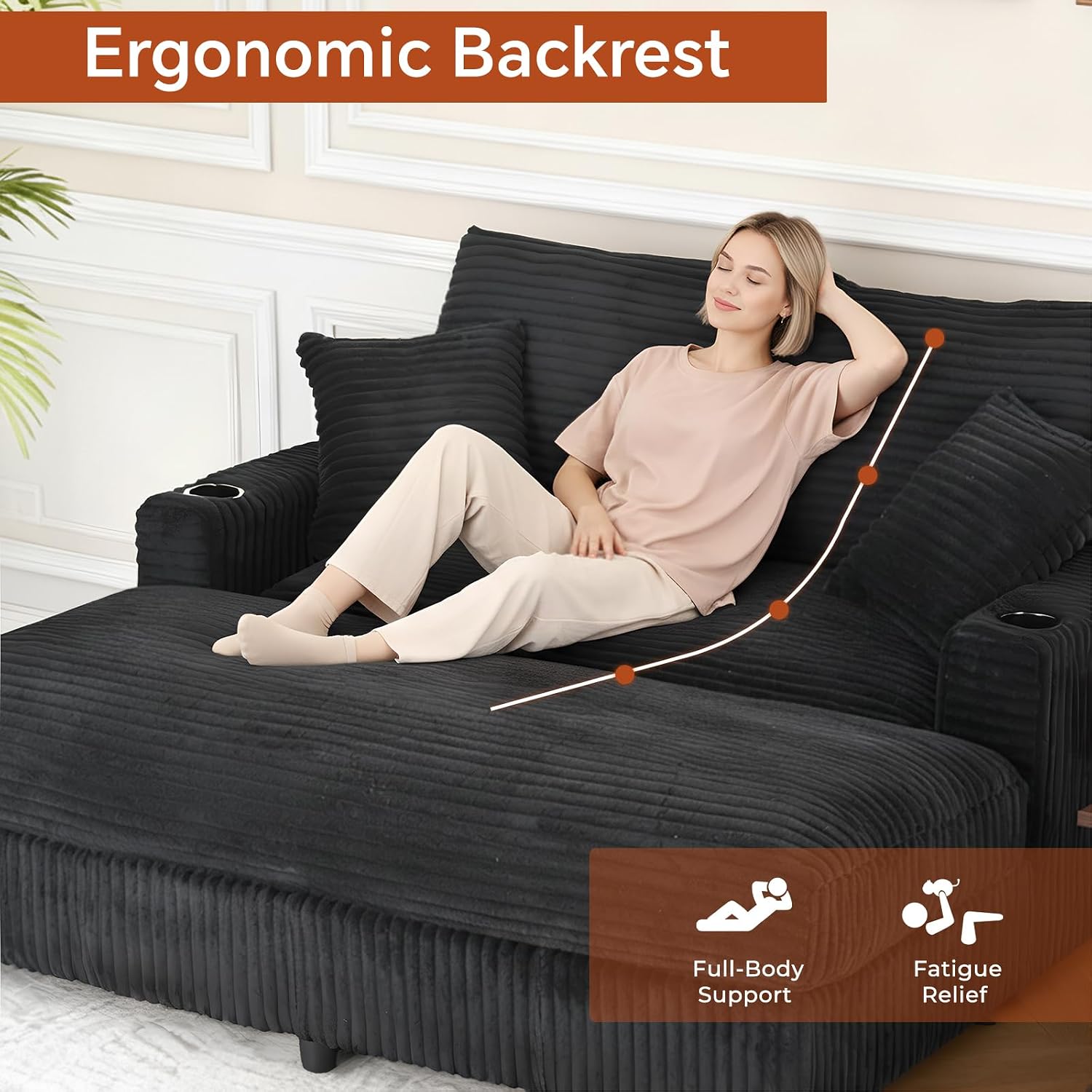 60' Oversized Chaise Lounge Chair Indoor, Upholstered Sofa Bed with Pillows & 2 Cup Holders, Sleeper Couch Comfy Corduroy Recliner Chair for Living Room, Movie Room, Bedroom, Black