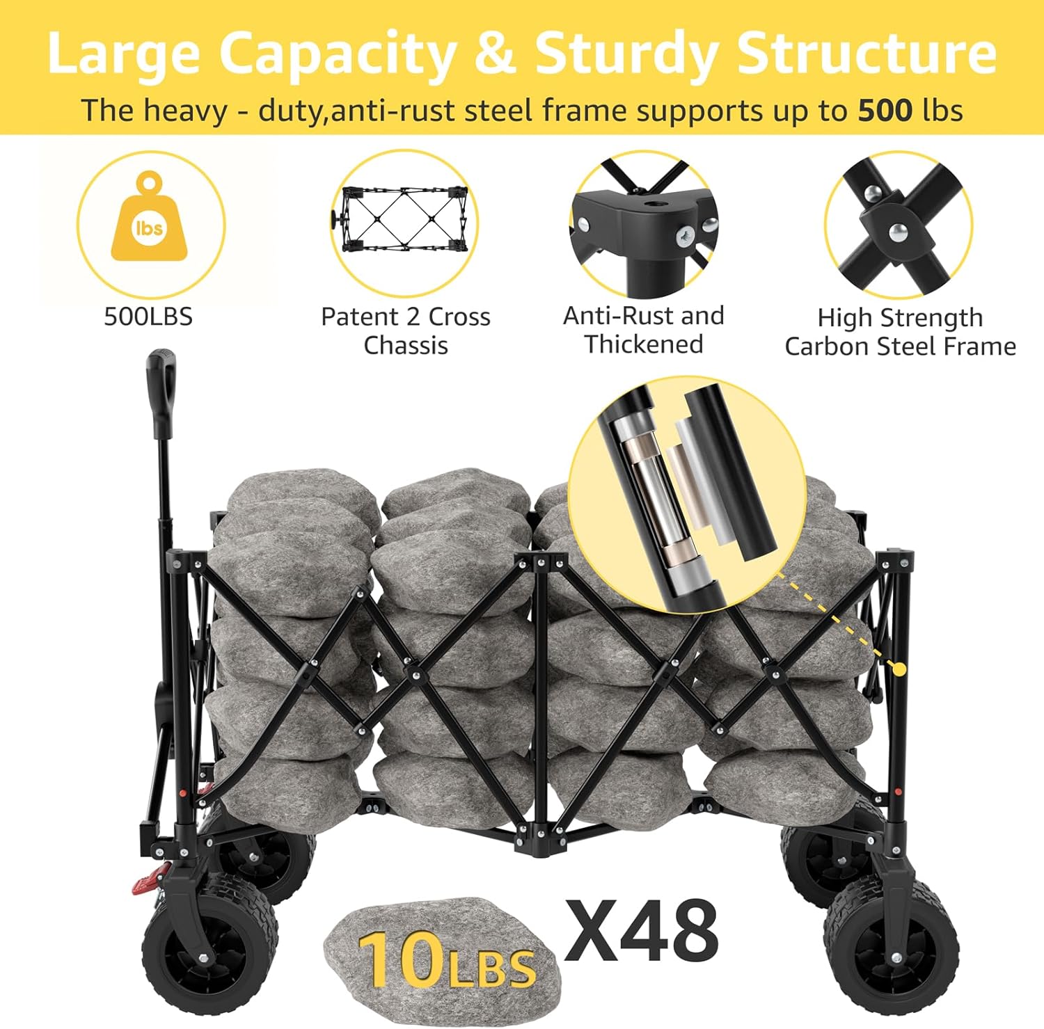 ROSONG Collapsible Wagon Cart with Wheels Foldable - Folding Utility Heavy Duty Wagons Carts for Grocery Sports Garden Shopping Camping Wheelbarrows (Black, 260L)
