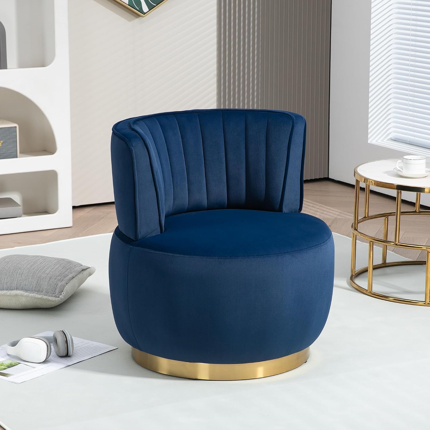 KEIKI Swivel Barrel Accent Chair, 360 Degree Rotating Upholstered Armchair with Velvet Fabric for Living Room, Office, Bedroom, Navy Blue
