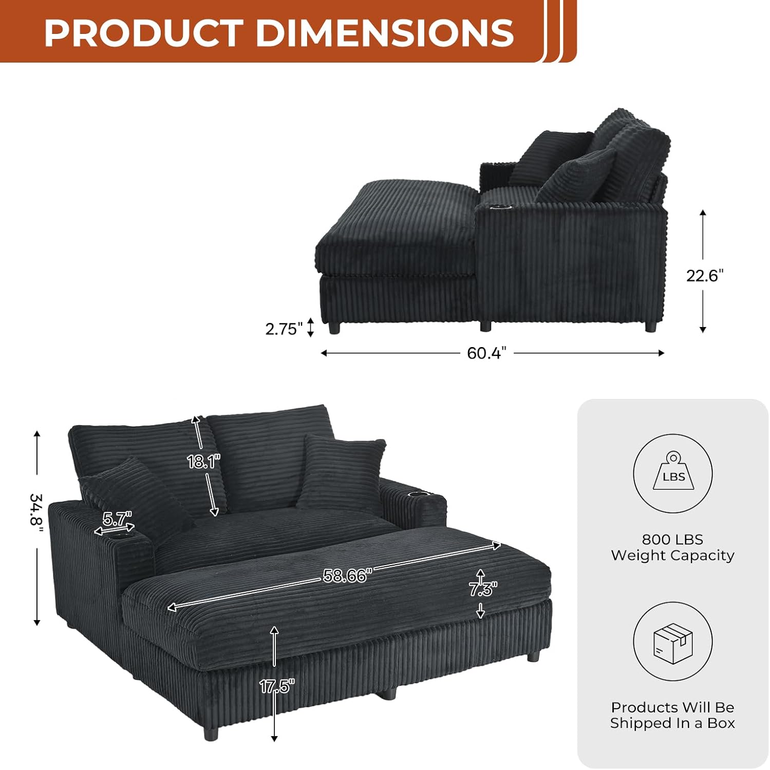 60' Oversized Chaise Lounge Chair Indoor, Upholstered Sofa Bed with Pillows & 2 Cup Holders, Sleeper Couch Comfy Corduroy Recliner Chair for Living Room, Movie Room, Bedroom, Black