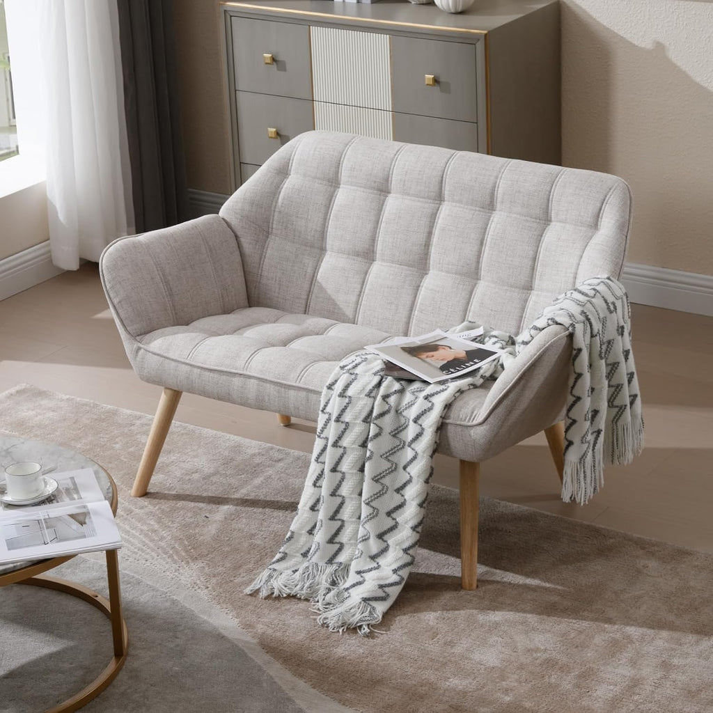 48'Small Loveseat Sofa, Modern Linen Upholstered Mini Couch 2-Seater Fluffy Love Seat with Quilting Backs and Wood Legs for Small Space Living Room, Bedroom, Beige
