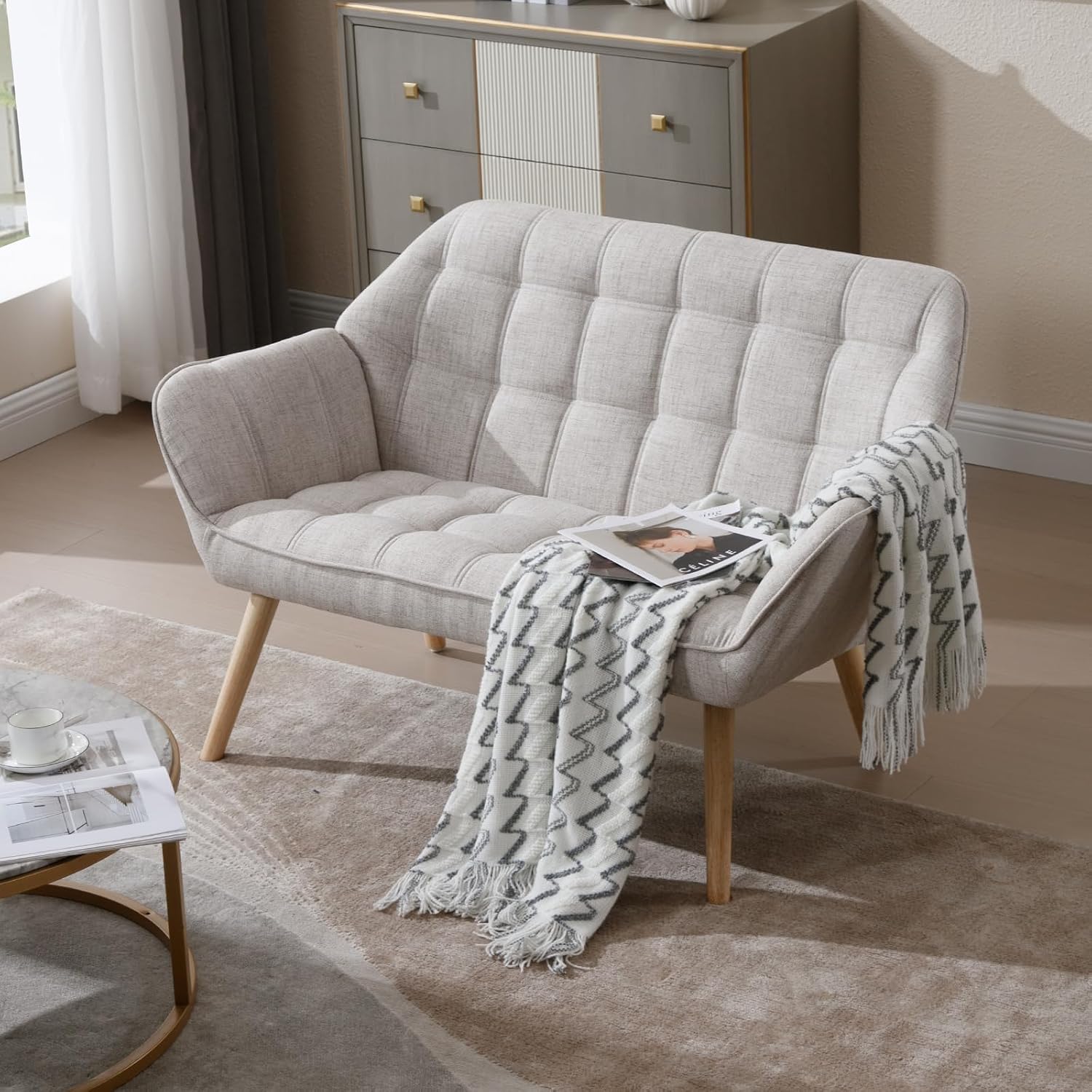 48'Small Loveseat Sofa, Modern Linen Upholstered Mini Couch 2-Seater Fluffy Love Seat with Quilting Backs and Wood Legs for Small Space Living Room, Bedroom, Beige