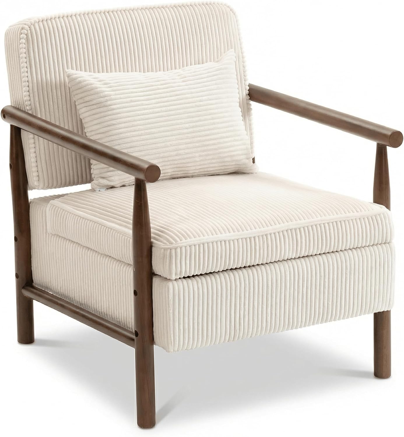 Accent Chair with Hidden Storage, Mid-Century Upholstered Armchair with Solid Wood Frame, Corduroy Fabric Accent Chair for Living Room, Bedroom, and Reading Corner(White)