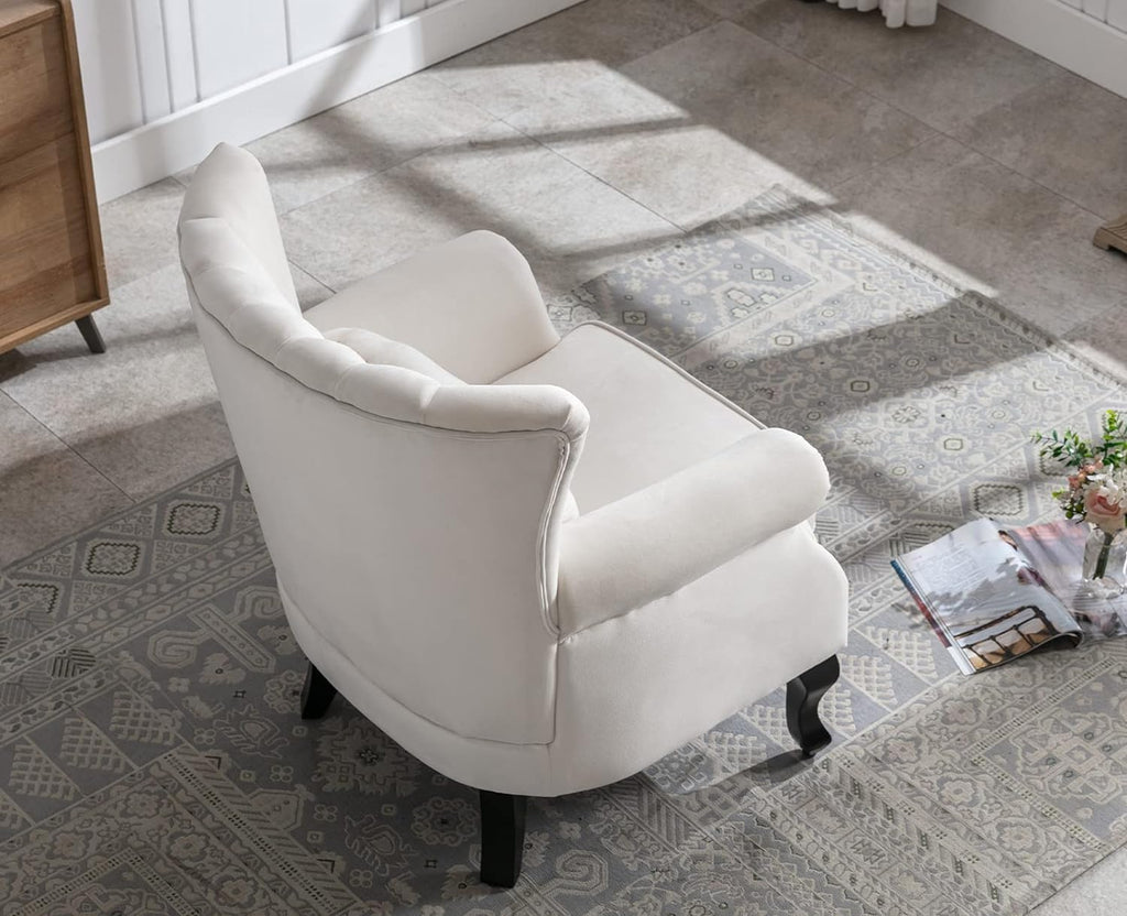 Kmax Cream Accent Chair Velvet Wingback Chair with Pillow Nail-Head Channel Tufted Oversized Club Chair for Living Room Bedroom Guest Room