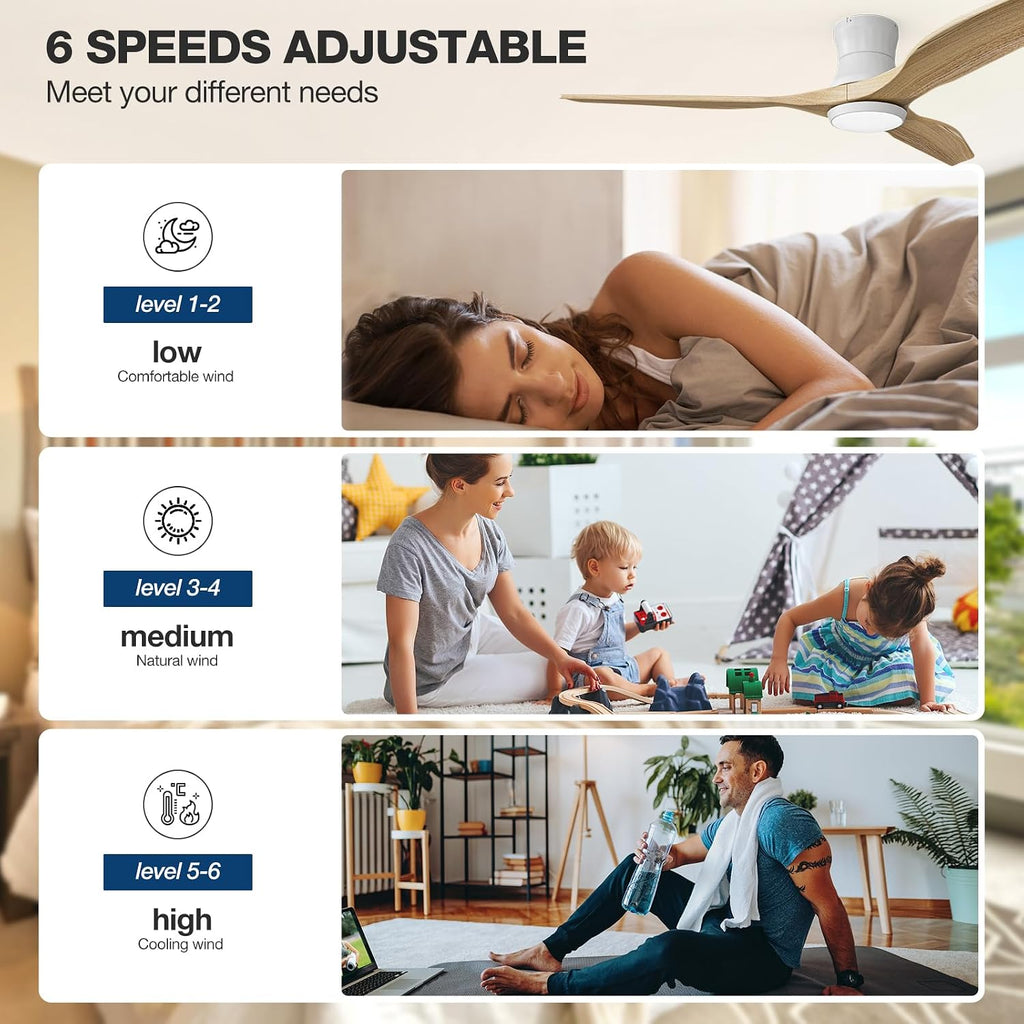 Smart 52' Flush Mount Ceiling Fan with Remote Control, Natural Wood | Quiet DC Motor, WiFi Alexa Voice Control, High CFM Dimmable LED, Low Profile, Reversible, 6 Speeds Adjustment, Time Setting