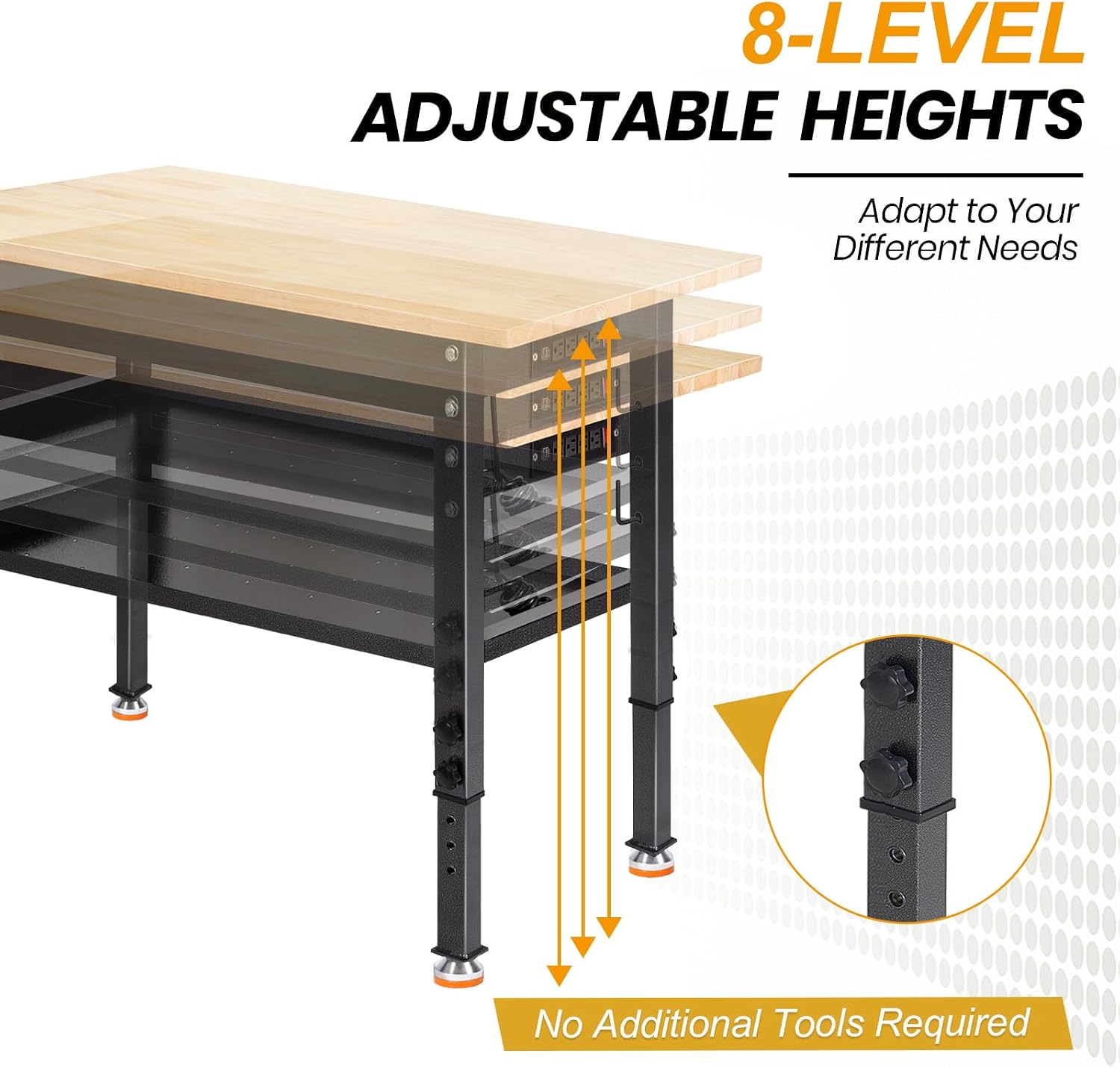 48'/60'' Adjustable Workbench, Rubber Wood Top Work Bench Heavy-Duty Work Table w/Power Outlet, Partition,2000 LBS Load Capacity Work Benches for Garage, Workshop, Home, Office, Easy Assembly