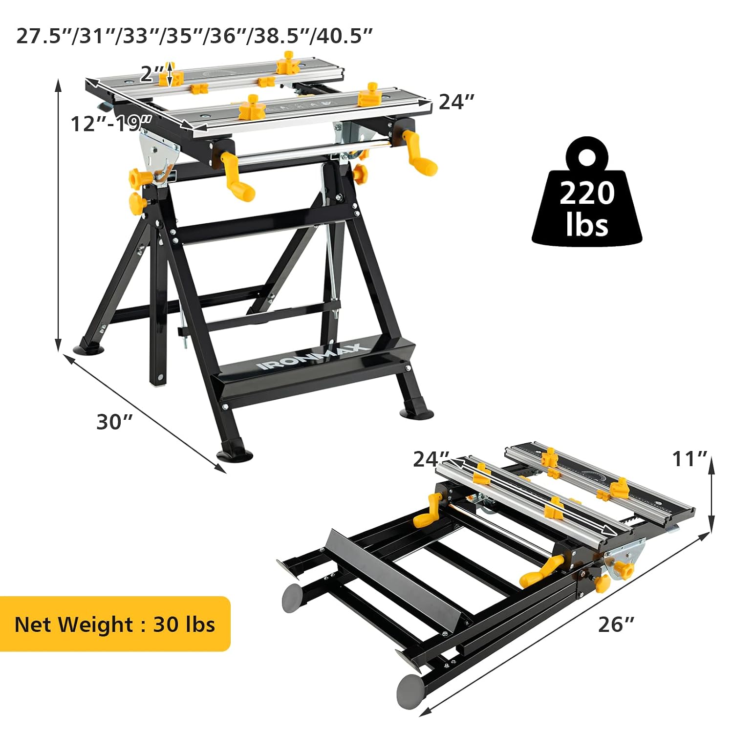 Portable Workbench, Folding Work Bench and Vise with 2 Rotary Handles, 7-Level Adjustable Height, 8 Sliding Clamps, Tiltable & Extendable Tabletop, Workbench Table for Garage, Workshop