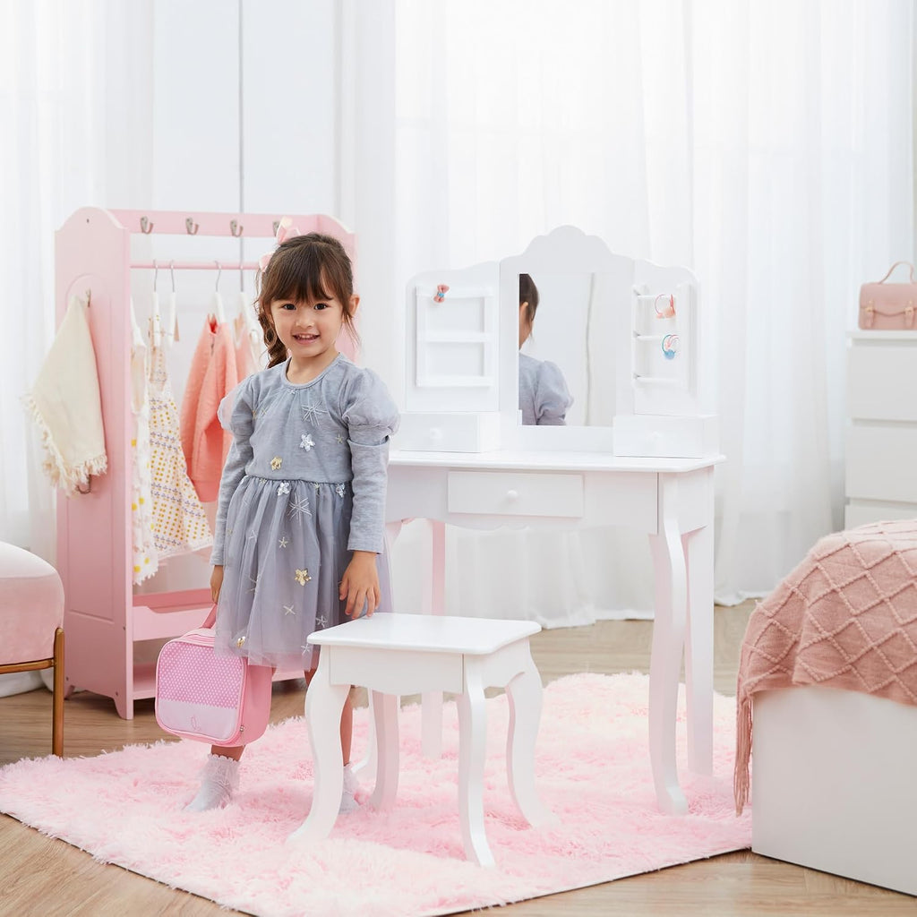 Teamson Kids White Wooden Vanity Table and Stool Set for Girls with Mirror Drawers Jewelry Storage Elegant Play Furniture for Bedroom or Playroom Ages 3+