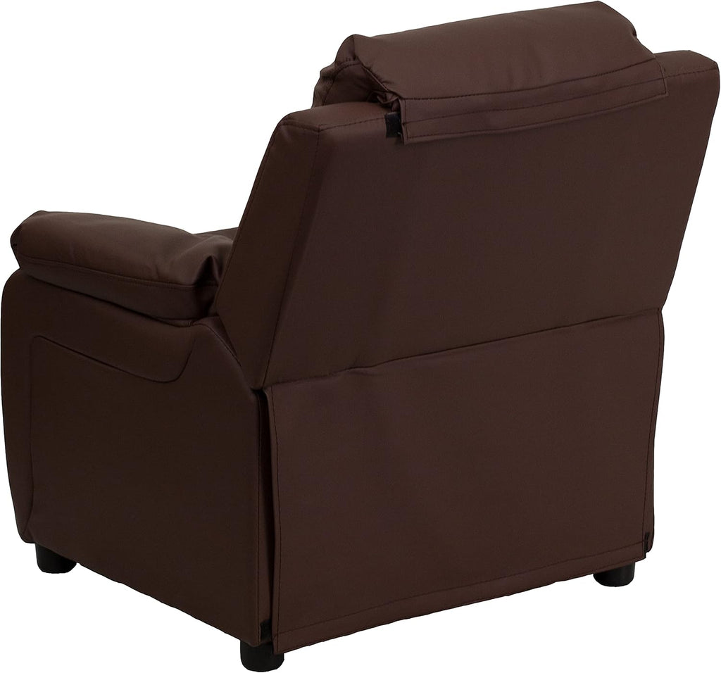 Flash Furniture Charlie LeatherSoft Kids Recliner with Flip-Up Storage Arms and Safety Recline, Contemporary Reclining Chair for Kids, Supports up to 90 lbs., Brown