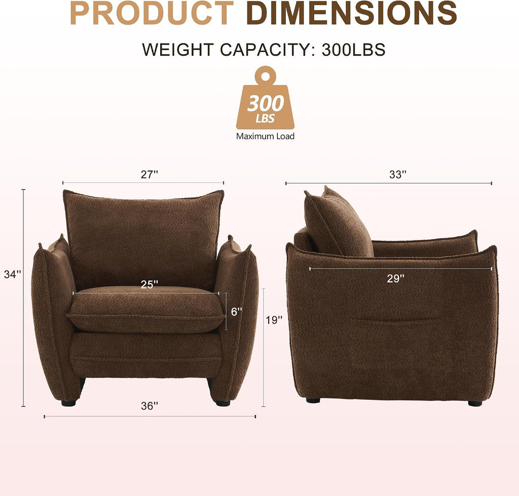 Oversized Accent Chair, Modern Single Sofa Cloud Chair with Removable Pillow, Deep Seat Comfy Armchair for Living Room Bedroom Reading Nook - Upholstered Lounge Chair (Brown, Set of 2)