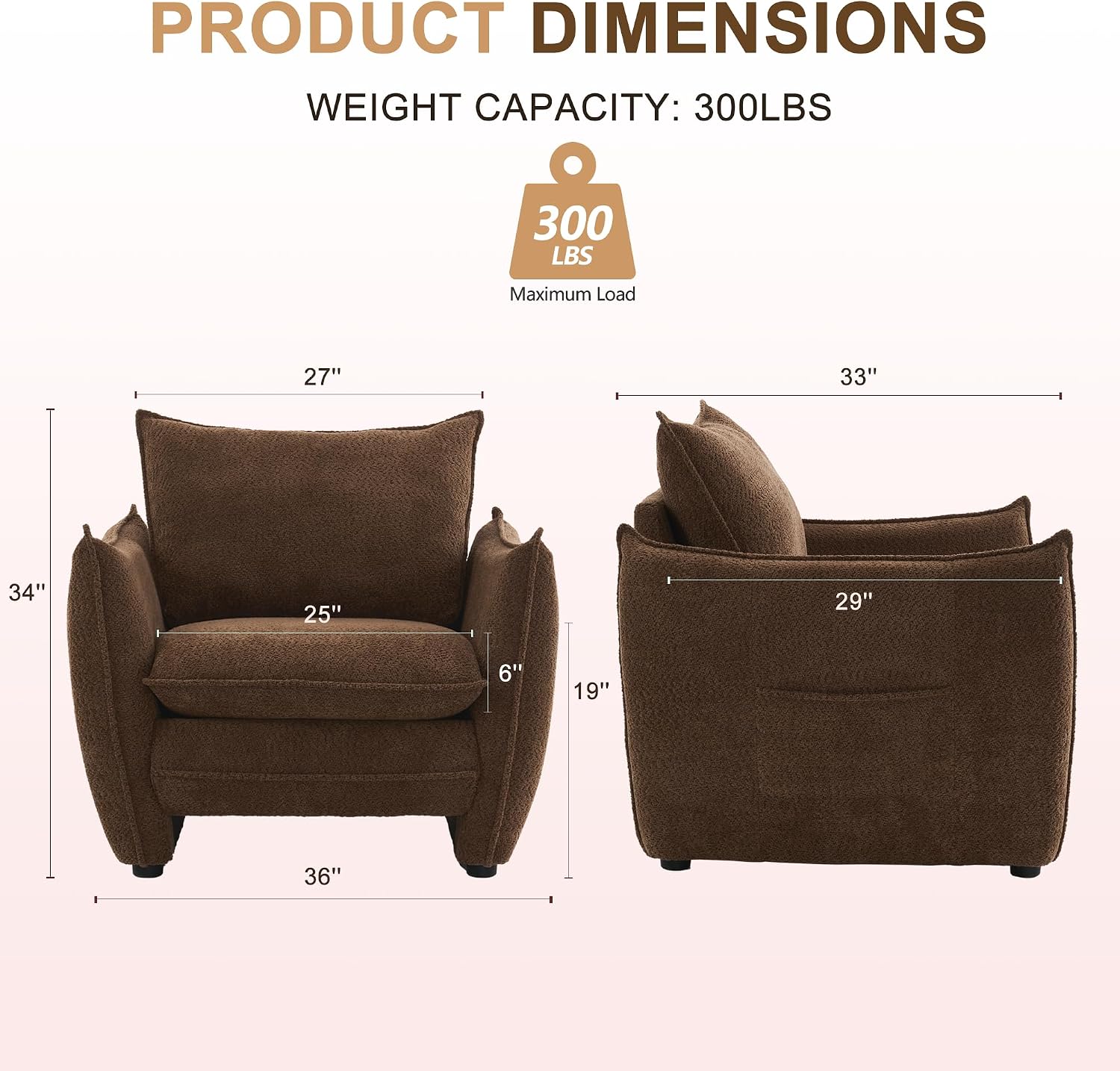 Oversized Accent Chair, Modern Single Sofa Cloud Chair with Removable Pillow, Deep Seat Comfy Armchair for Living Room Bedroom Reading Nook - Upholstered Lounge Chair (Brown, Set of 2)