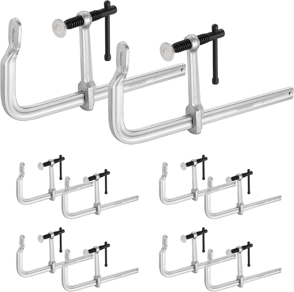 MAXPOWER 12 inch F Clamps, 4-3/4' Throat, 1200 LBS Clamping Pressure, Full Steel Bar Clamps for Welding, Pack of 10
