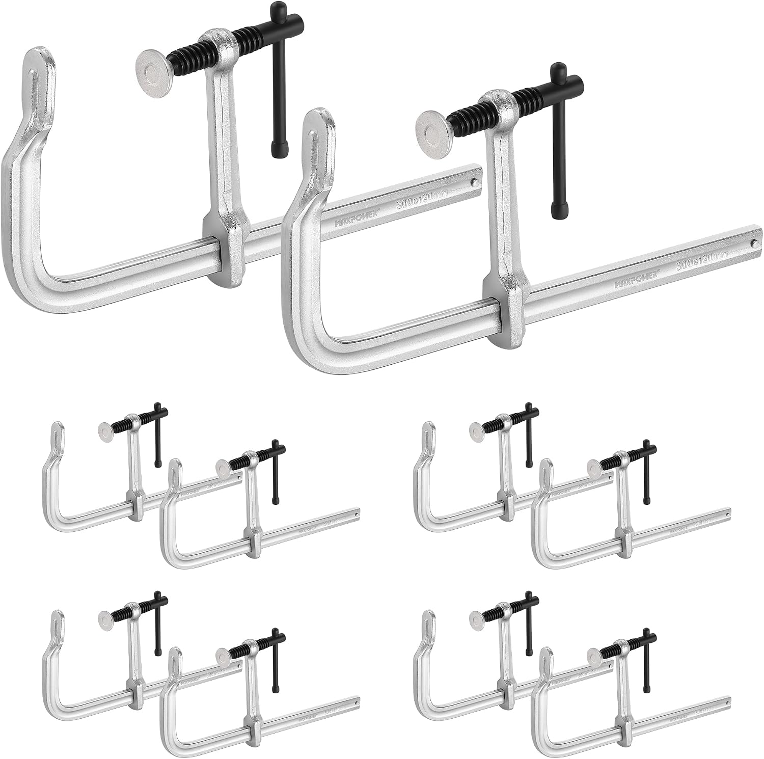 MAXPOWER 12 inch F Clamps, 4-3/4' Throat, 1200 LBS Clamping Pressure, Full Steel Bar Clamps for Welding, Pack of 10