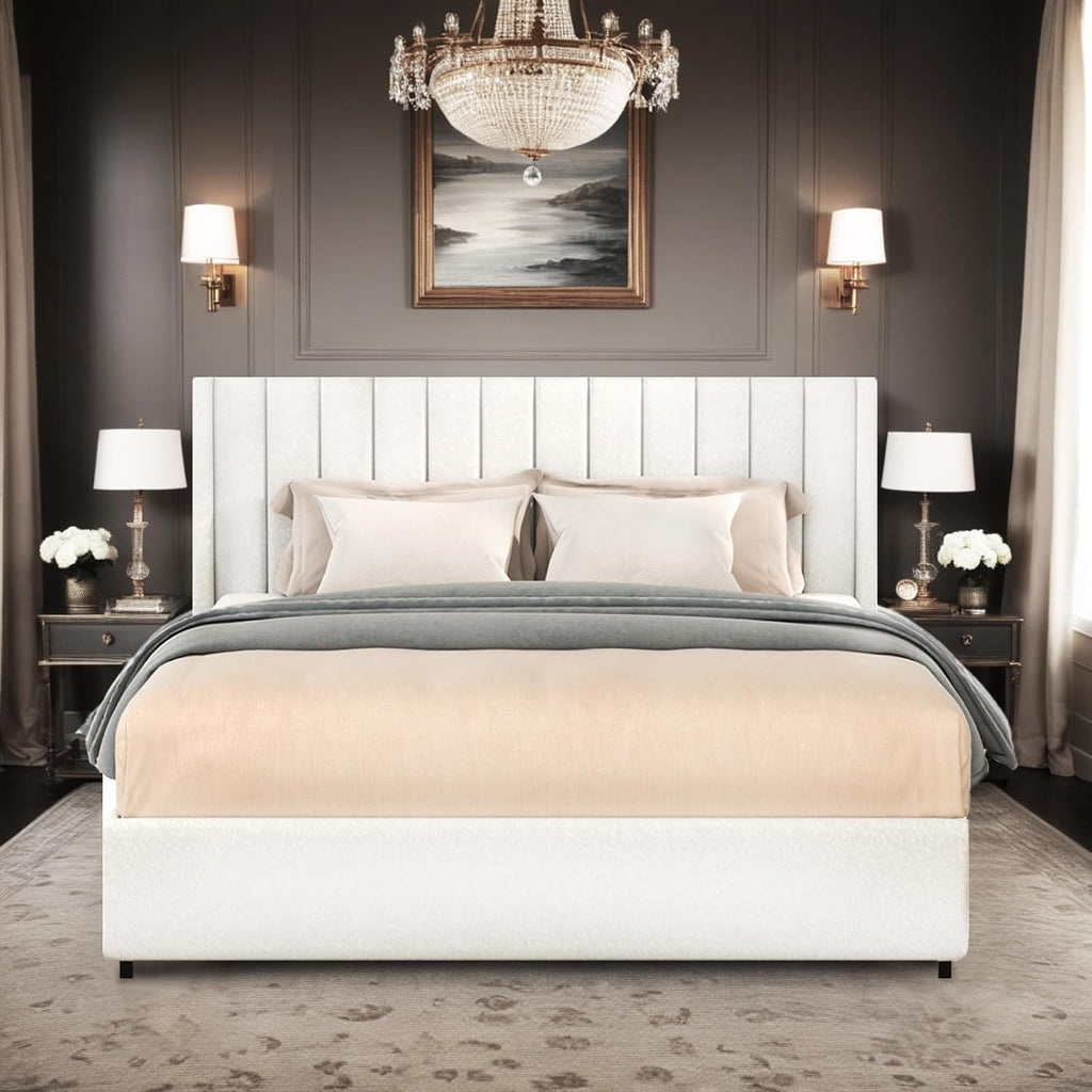 Queen Storage Bed Frame with 4 Patented Drawers - Luxury Ivory Boucle Upholstered Platform Bed, Vertical Channel Tufted Headboard, 1000lbs Heavy Duty, No Box Spring Needed