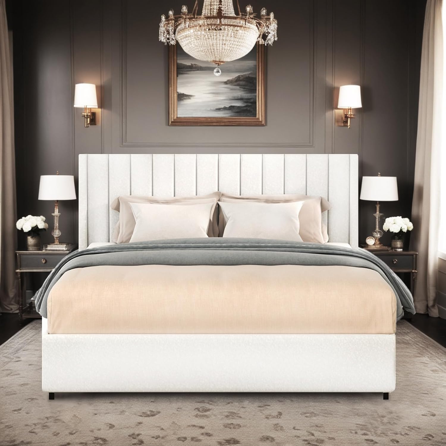 Queen Storage Bed Frame with 4 Patented Drawers - Luxury Ivory Boucle Upholstered Platform Bed, Vertical Channel Tufted Headboard, 1000lbs Heavy Duty, No Box Spring Needed