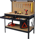 Workbench with Power Outlets and LED Light - Steel Workbench with 4xAC Outlets 2xUSB Ports, Garage Work Bench with Drawer and Peg Board, Workshop Tools Table, Mens Gifts, 59' H x 48' L x 24' D
