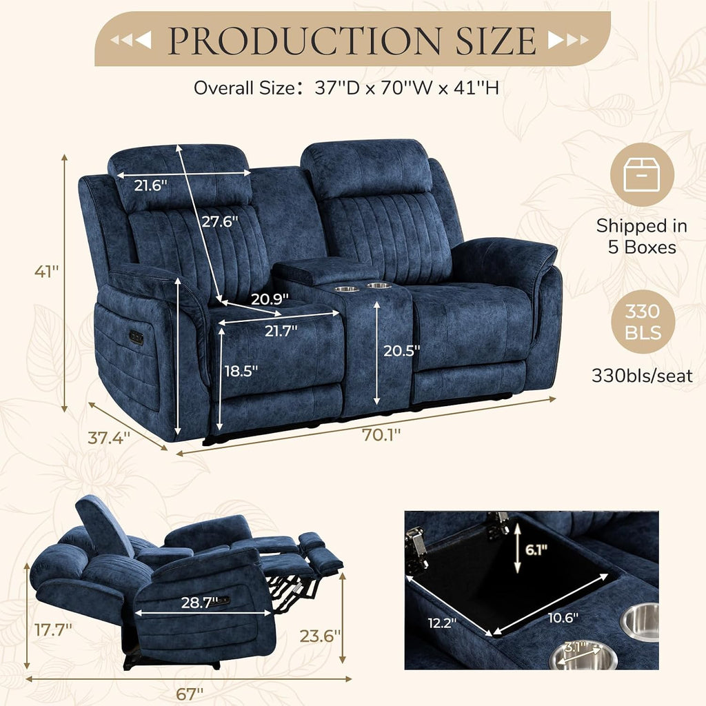 Power Reclining Sofa Set with Zero Gravity, Adjustable Headrest, Electric Reclining Sofa and Loveseat with USB/Type-C Ports, Reclining Living Room Set for Home Theater(Blue, Loveseat + Sofa)