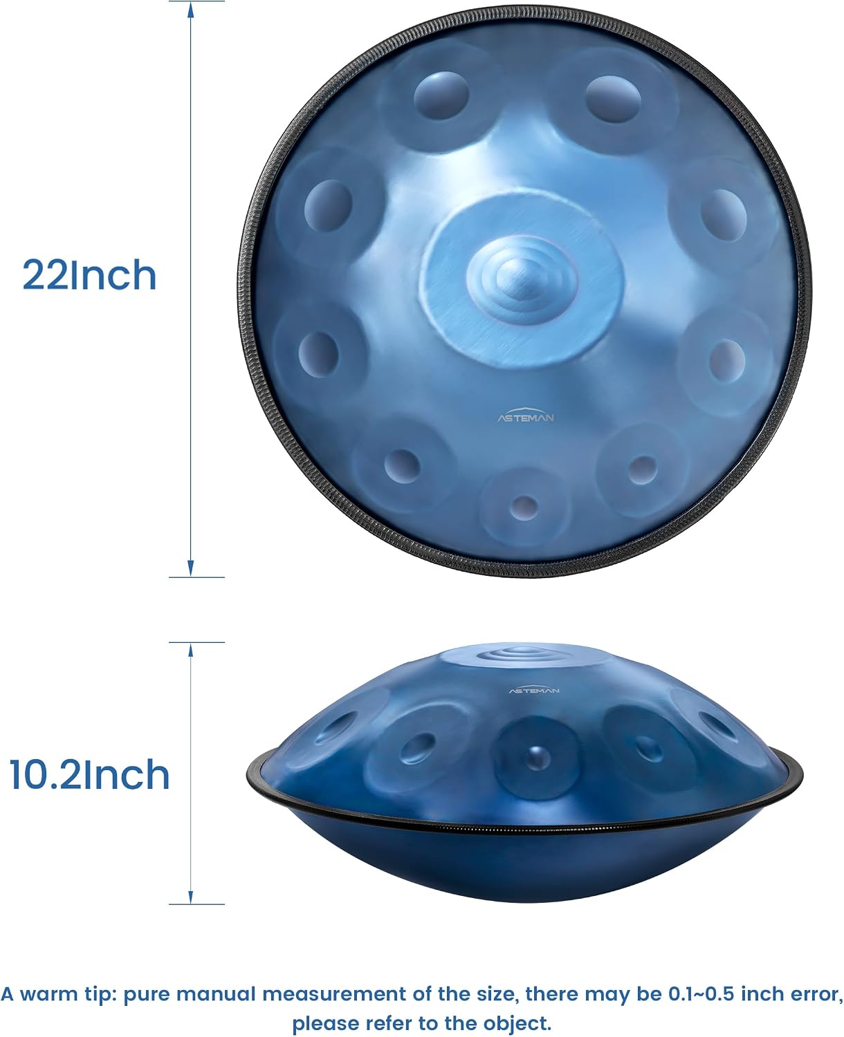 ASTEMAN Handpan in D Minor,440hz, 22 inches with 10 notes, comes with a backpack, courses, finger sleeves, stand, cleaning cloth, and two mallets.