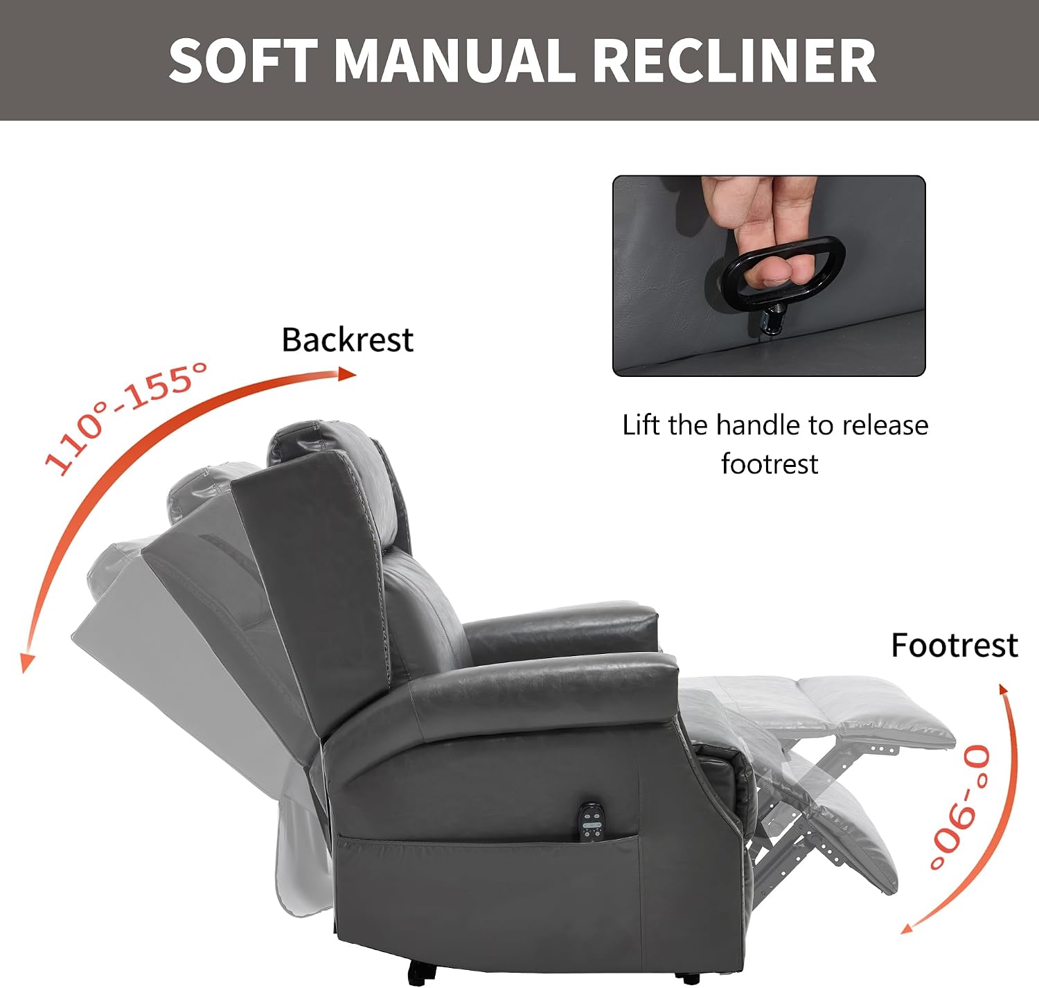KEIKI Mid Century Modern Oversized Recliner Accent Chair for Adults, Manual Leather Recliner Chair with Back Massager and Heating for Living Room, Comfy Rocking Chairs for Small Spaces, Grey