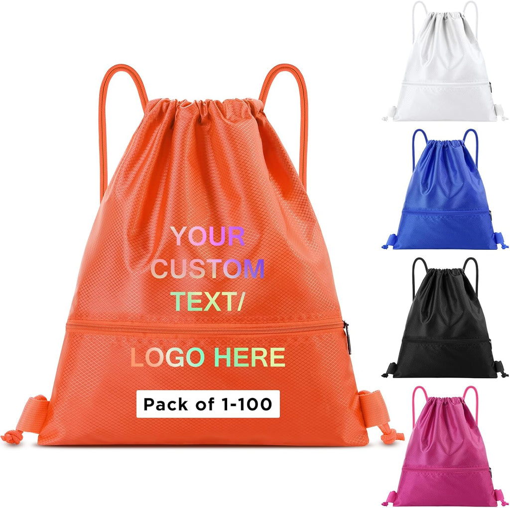 Custom Drawstring Bags Bulk With Logo, 20 Pack Personalized Text String Backpack with Zip Pocket for Gym, Sports, Events, Travel and Daily Use,Orange