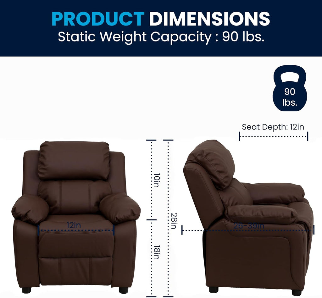 Flash Furniture Charlie LeatherSoft Kids Recliner with Flip-Up Storage Arms and Safety Recline, Contemporary Reclining Chair for Kids, Supports up to 90 lbs., Brown