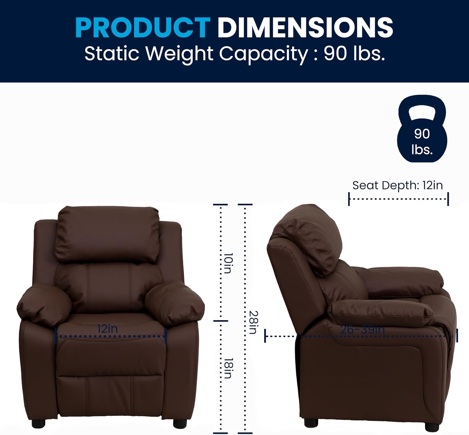 Flash Furniture Charlie LeatherSoft Kids Recliner with Flip-Up Storage Arms and Safety Recline, Contemporary Reclining Chair for Kids, Supports up to 90 lbs., Brown