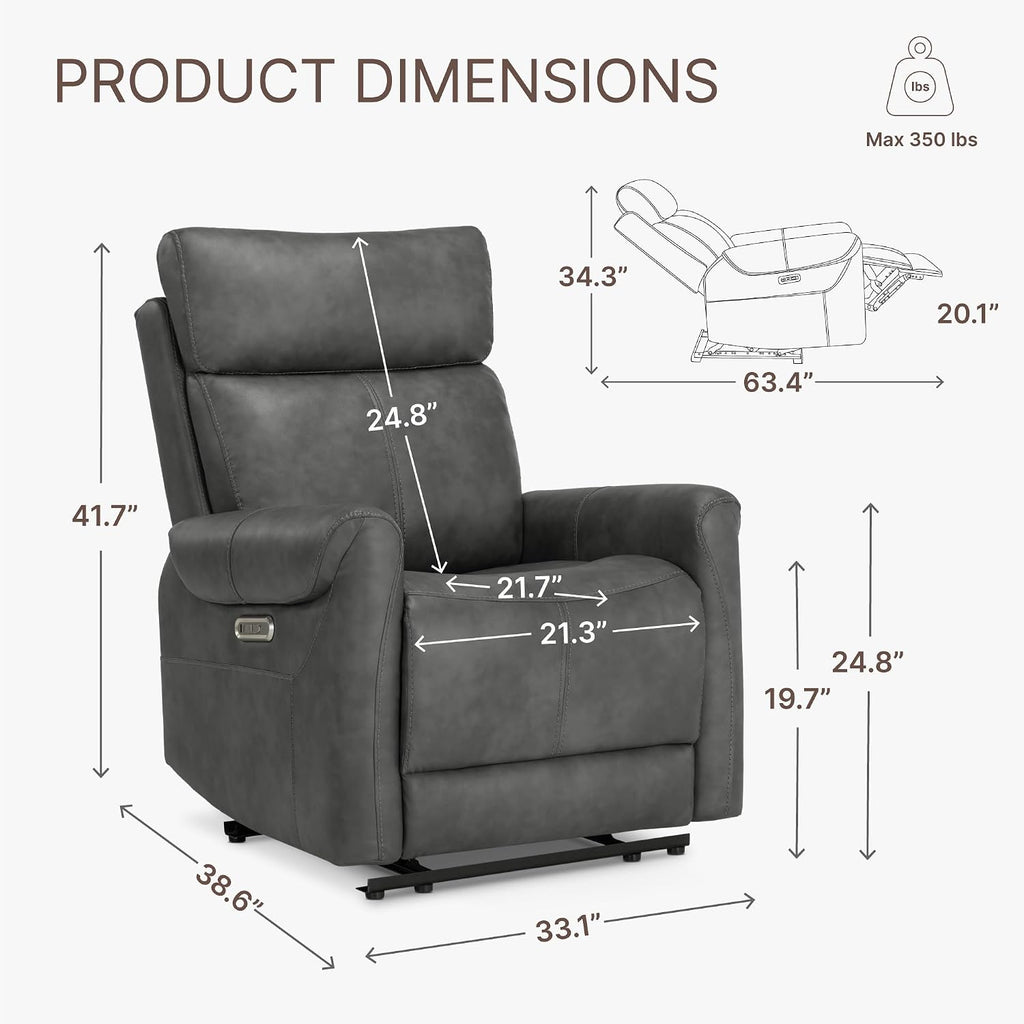 KISLOT Wall Hugger Recliner Chair for Adults, Faux Leather RV Recliner with USB Charging Ports Electric Power Reclining Sofa for Living Room Home Theater Seating Bedroom