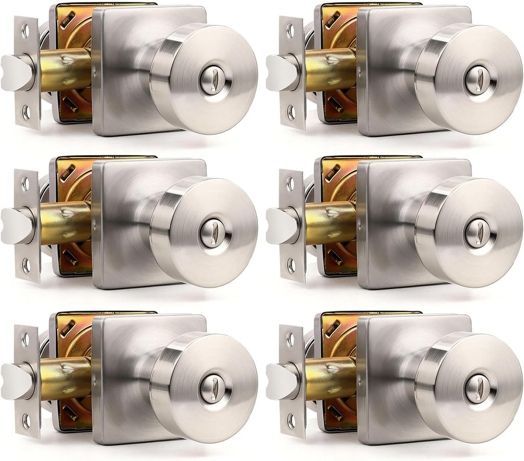Orger 6 Pack Brushed Nickel Door Knobs Interior, Zinc-Alloy Keyless Silver Door Knob with Lock, Heavy Duty Privacy Square Door Knob for Bathroom and Bedroom