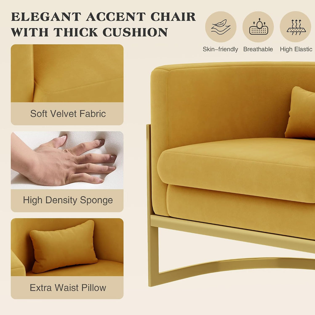 Velvet Accent Chair Yellow Modern Barrel Chair with Gold Legs Upholstered Armchair for Bedroom Living Room Sofa Chair Club Side Chairs