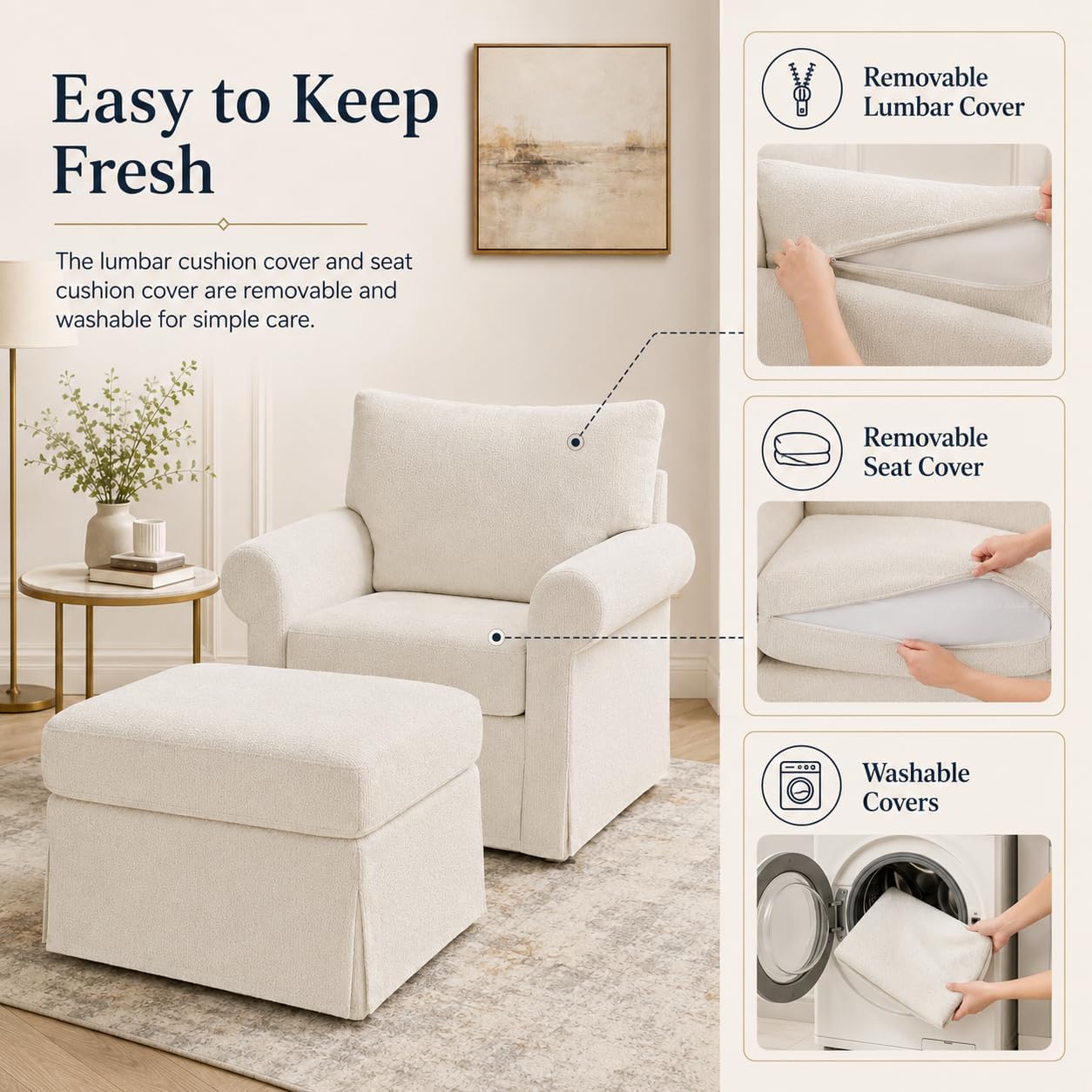 35.82' Accent Chair with Ottoman Set Upholstered Living Room Chairs for Reading Chair with Chaise Lounge Chairs Indoor, Comfortable Armchair for Bedroom (Beige, 35.82')