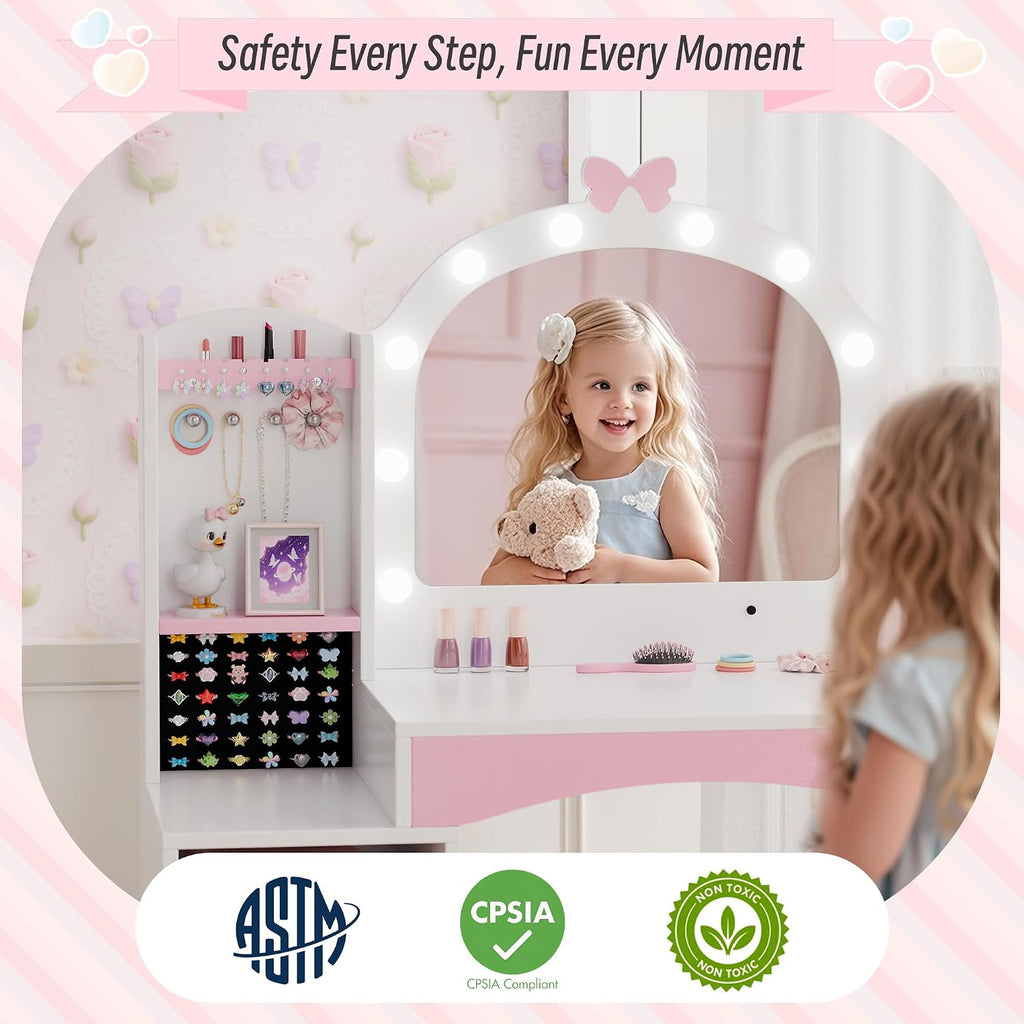 Girls Vanity Table and Chair Set, Kids Vanity with Jewelry Organizer for Princess, Toddler Makeup Vanity Desk with Open Shelf, Closed Cabinet and Butterfly Pattern, White