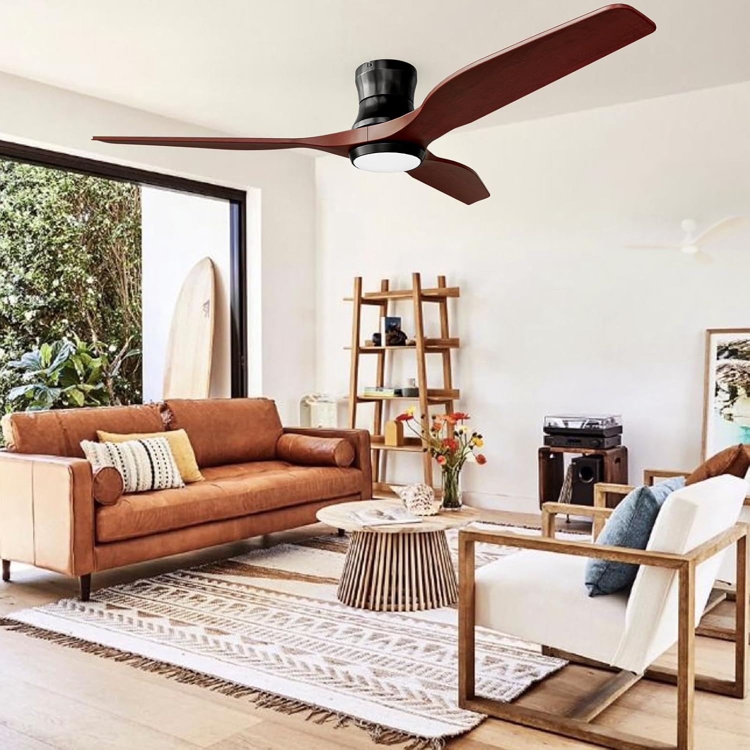 Smart 52' Wood Flush Mount Ceiling Fan for Bedroom, Red Walnut | Quiet DC Motor, WiFi Alexa Voice Control, High CFM Dimmable LED, Low Profile, Reversible, 6 Speeds Adjustment, Time Setting