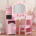 MU Kids Vanity, Girl Vanity Set with Mirror and Chair, 2 in 1 Toddler Makeup Vanity Table with Jewelry Storage, Wooden Princess Makeup Desk Dressing Table for Little Girls, Pink