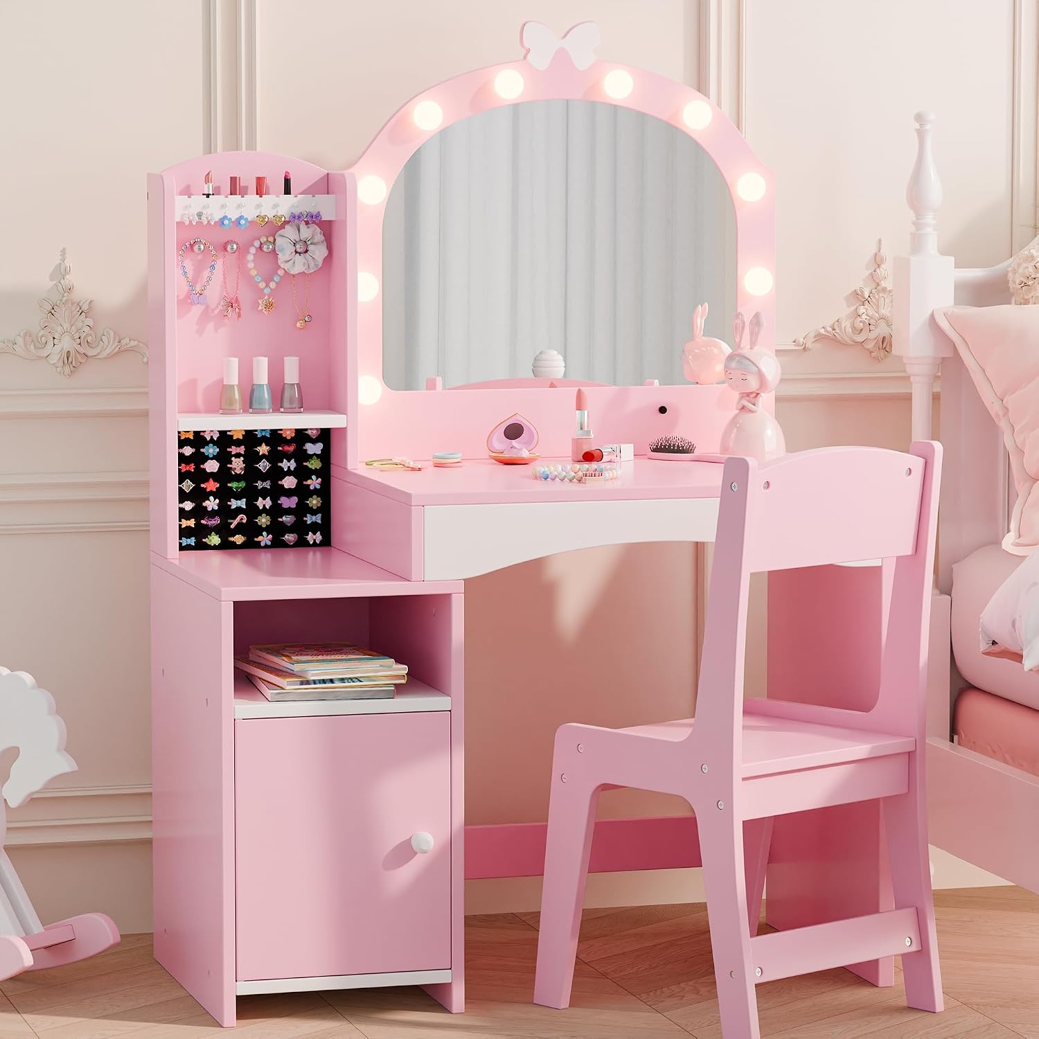 MU Kids Vanity, Girl Vanity Set with Mirror and Chair, 2 in 1 Toddler Makeup Vanity Table with Jewelry Storage, Wooden Princess Makeup Desk Dressing Table for Little Girls, Pink