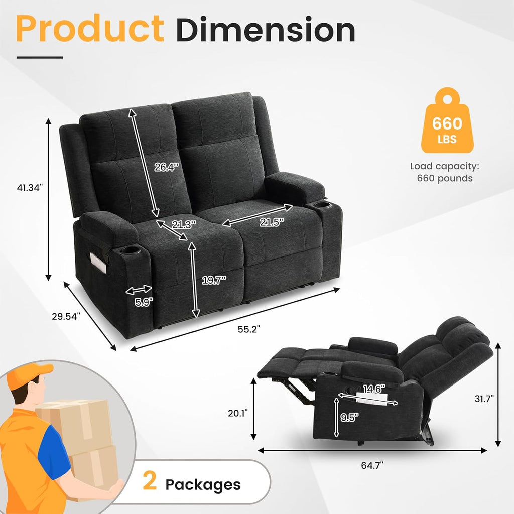 Loveseat Recliner, Double Recliner Loveseat with Adjustable Footrest & Cup Holder, Wall Hugger Recliner for Living Room & Home Theater & RV(Black)