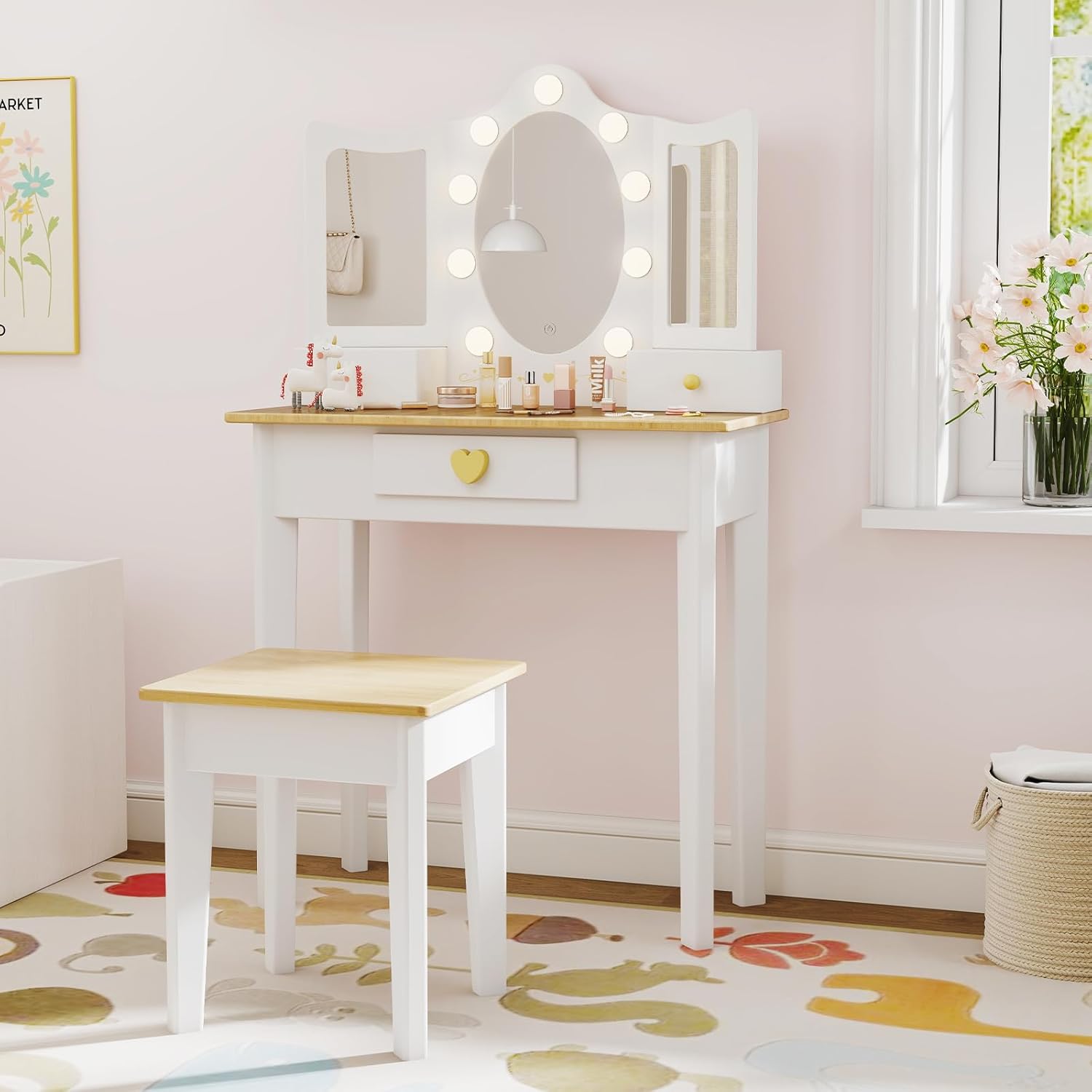labebe Kids Vanity, Girls Vanity Desk with LED Changing Lights, Pretend Play Princess Vanity Set, Wooden Toddler Makeup Desk Dressing Table with Drawer and Chair (White)