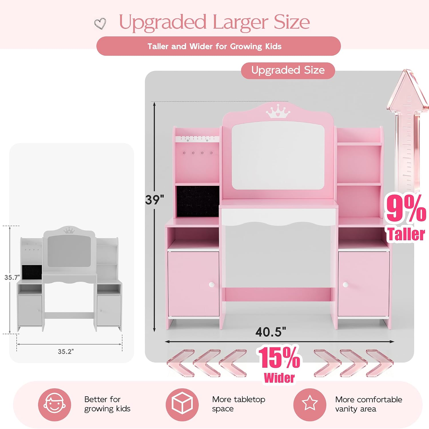 MU Kids Vanity, Girl Vanity Set with Mirror and Stool, 2 in 1 Toddler Makeup Vanity Table with Jewelry Storage, Wooden Princess Makeup Desk Dressing Table for Little Girls, (Pink)