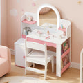 Kids Vanity with LED Mirror and Chair, Girls Vanity Set with Storage Cabinet and Shelves, Toddler Vanity Table and Chair Set for Bedroom Playroom, Pink and White Girl Vanity for Ages 3-8