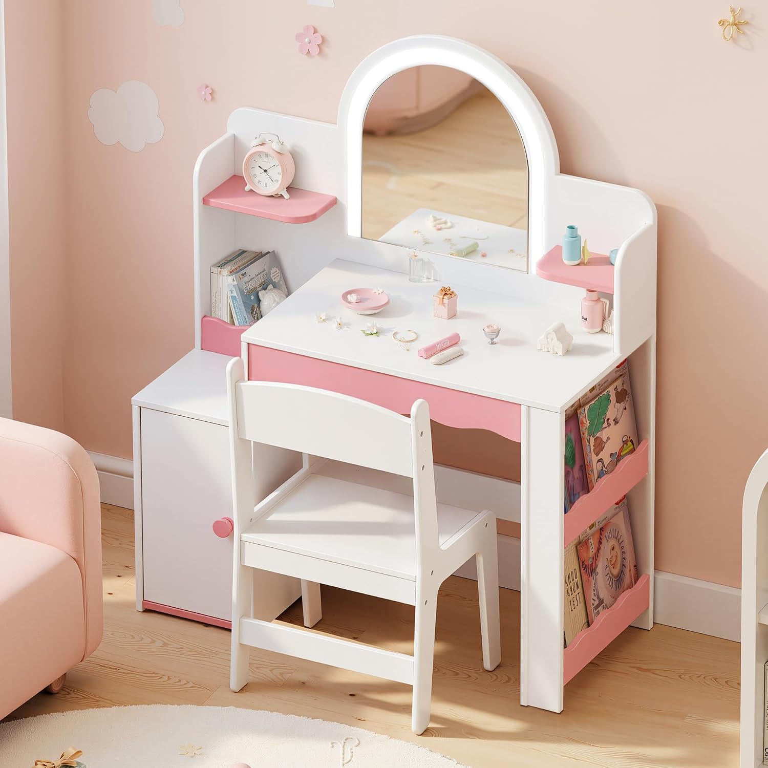 Kids Vanity with LED Mirror and Chair, Girls Vanity Set with Storage Cabinet and Shelves, Toddler Vanity Table and Chair Set for Bedroom Playroom, Pink and White Girl Vanity for Ages 3-8