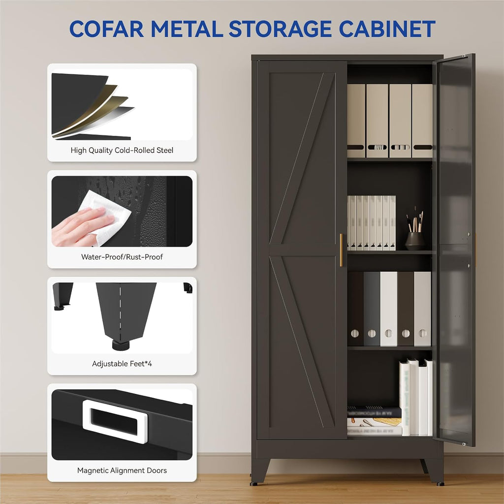 COFaR Metal Pantry Cabinet with Doors, Farmhouse 61'' Tall Storage Cabinet with 3 Adjustable Shelves, Kitchen Pantry Cabinet for Dinning Room, Garage, Laundry, Bathroom, Black 4-Tier