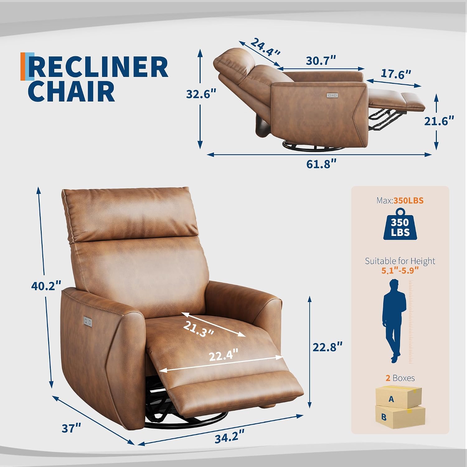 GarveeHome Power Recliner Chair, 270° Swivel Rocking Glider with USB Charging Port, PU Leather Upholstered Fabric, Ergonomic Modern Nursery Chair for Living Room, Bedroom, Nursery (Camel)