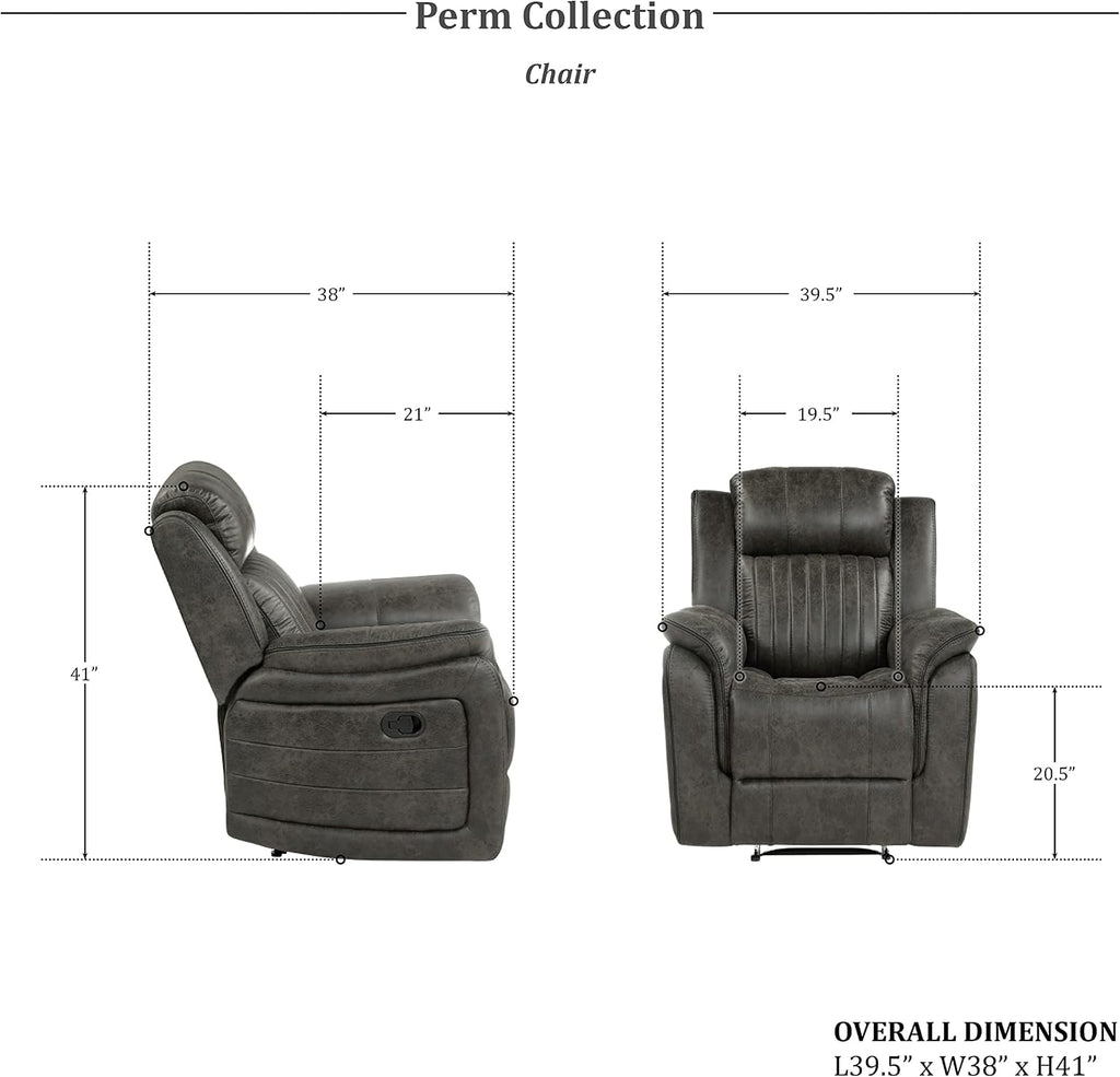Lexicon Recliner Living Room Set, Home Theater Seating, Manual Polished Microfiber Upholstery Sofas, RV Couch Including Double Recliner Sofa, Loveseat and Chair, 3-Piece Set, Brownish Gray